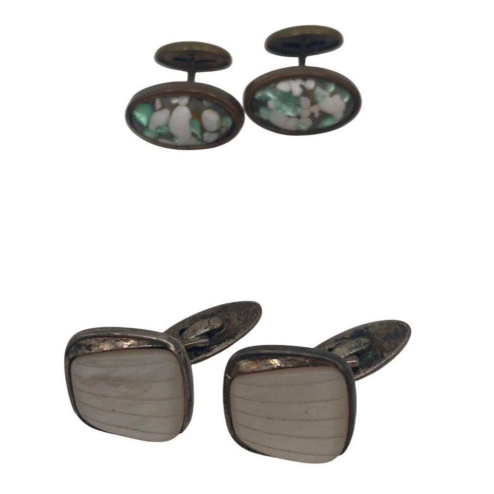 Vintage 835 Silver & Mother Of Pearl Cufflinks Mosaic Design 2 Sets